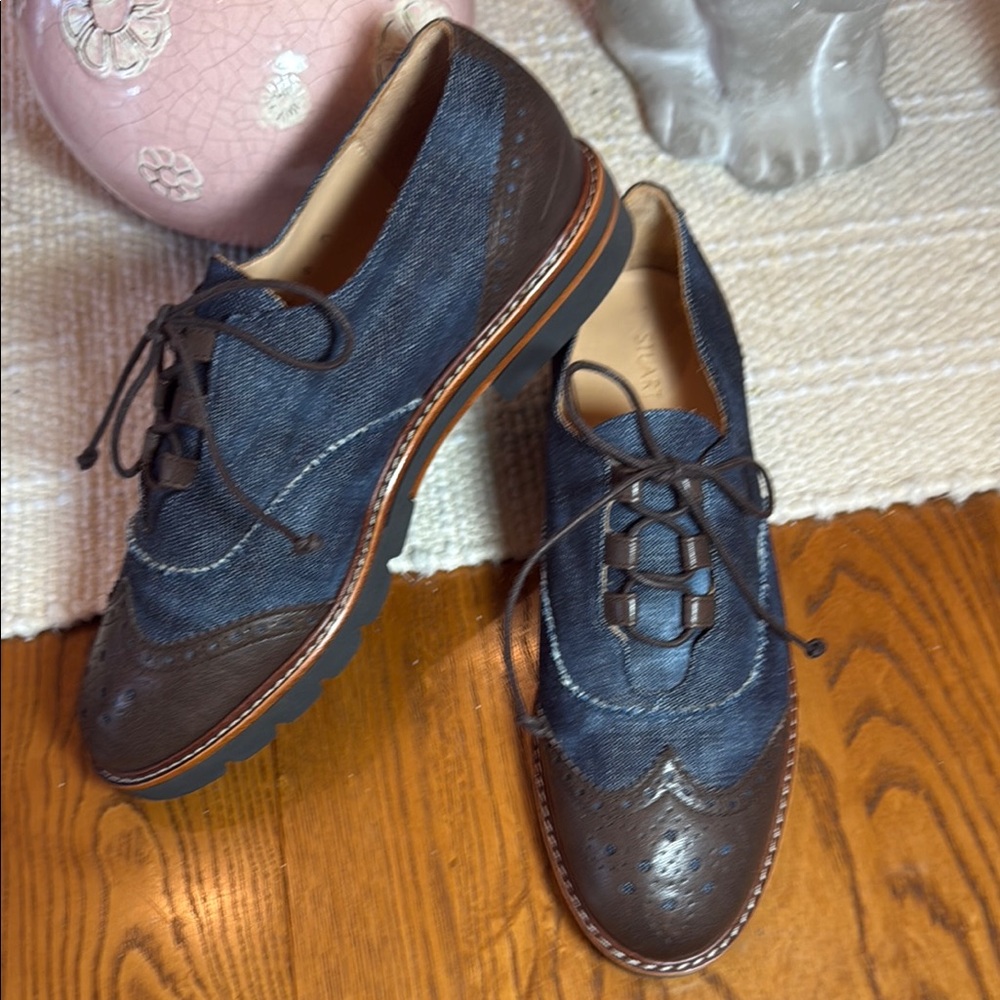 Stuart Weitzman Perforated Denim Leather Oxford Shoes